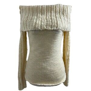 Womens Small Cream Knit Off Shoulder Sweater Cottagecore Ribbed Long Sleeve